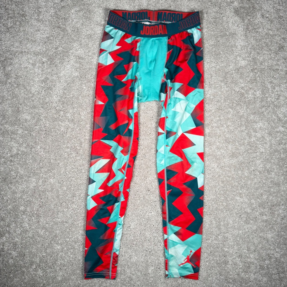 Jordan Kids Compression Leggings Teal Red Geometric Print Youth Large
